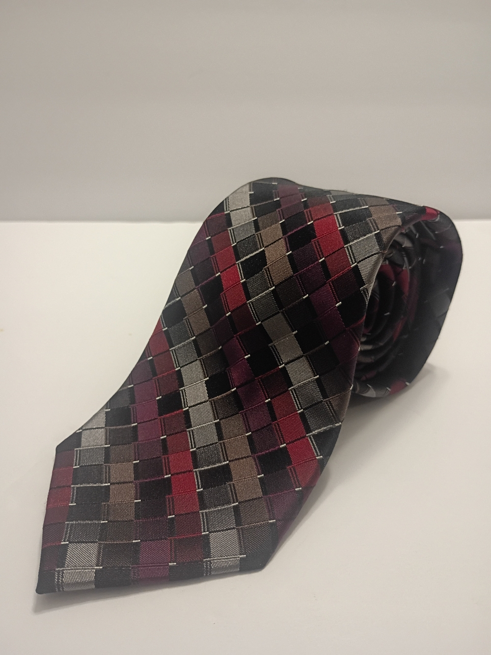 Calvin Klein Burgundy, Gray and Black Checkerboard Silk Tie Extra Large 64"